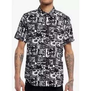 Social Collision Graphic Print Goth Punk Sleeve Button Down‎ Shirt